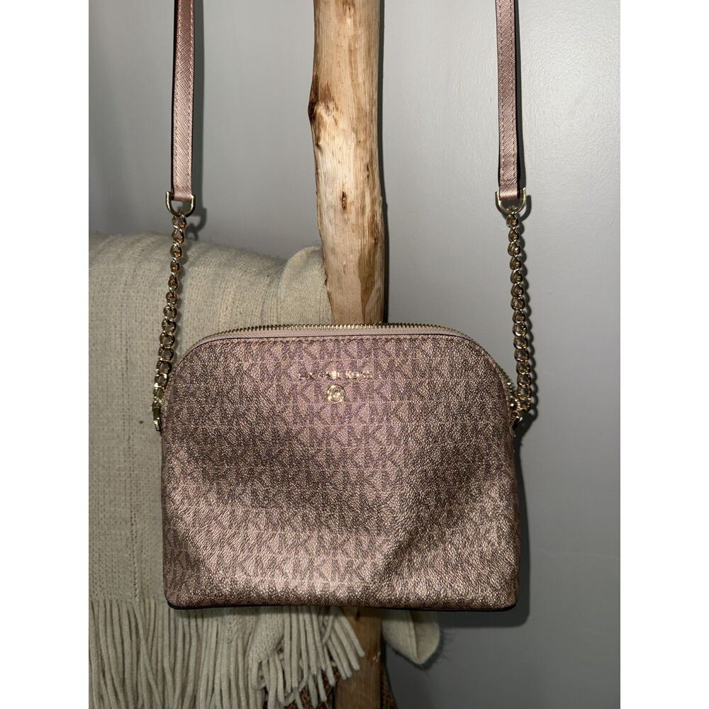 NWT Michael Kors Rose Gold Cindy Jet Set Travel Dome Cross Body Leather Bag